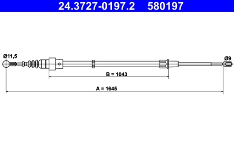 Трос ручника (задній) Skoda Fabia/VW Polo 99-08 (1645mm) 24.3727-0197.2 ATE 24-3727-0197-2