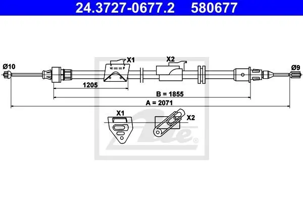 Трос ручника (задній) (R) Ford S-Max/Galaxy 06-15 (L=2071mm) 24.3727-0677.2 ATE 24-3727-0677-2 (фото 1)