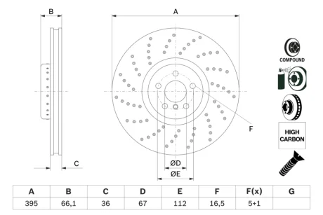 Диск гальмівний (передній) BMW 5 (G30/F90)/7 (G11/G12)/X5 (G05/F95) 15- (395x36) (L) 0 986 479 F64 BOSCH 0-986-479-F64