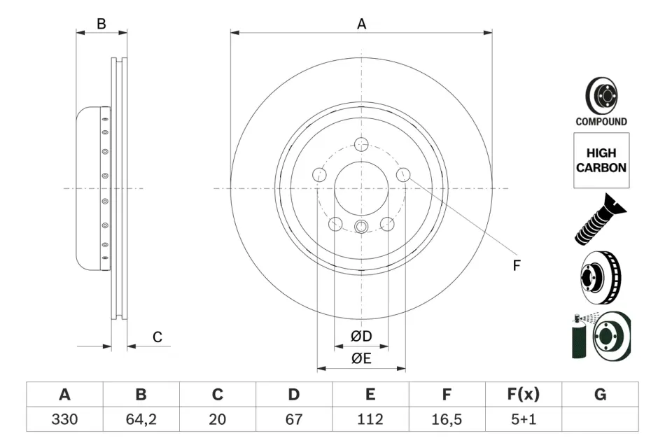 Диск гальмівний (задній) BMW 5 (G30/F90)/7 (G11/G12) 15- (R) (330x20) 0 986 479 G15 BOSCH 0-986-479-G15 (фото 1)