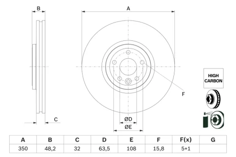 Диск гальмівний (передній) Land Rover Range Rover Velar 2.0/3.0 17- (350x32) (з покр.) (вентил.) 0 986 479 G33 BOSCH 0-986-479-G33