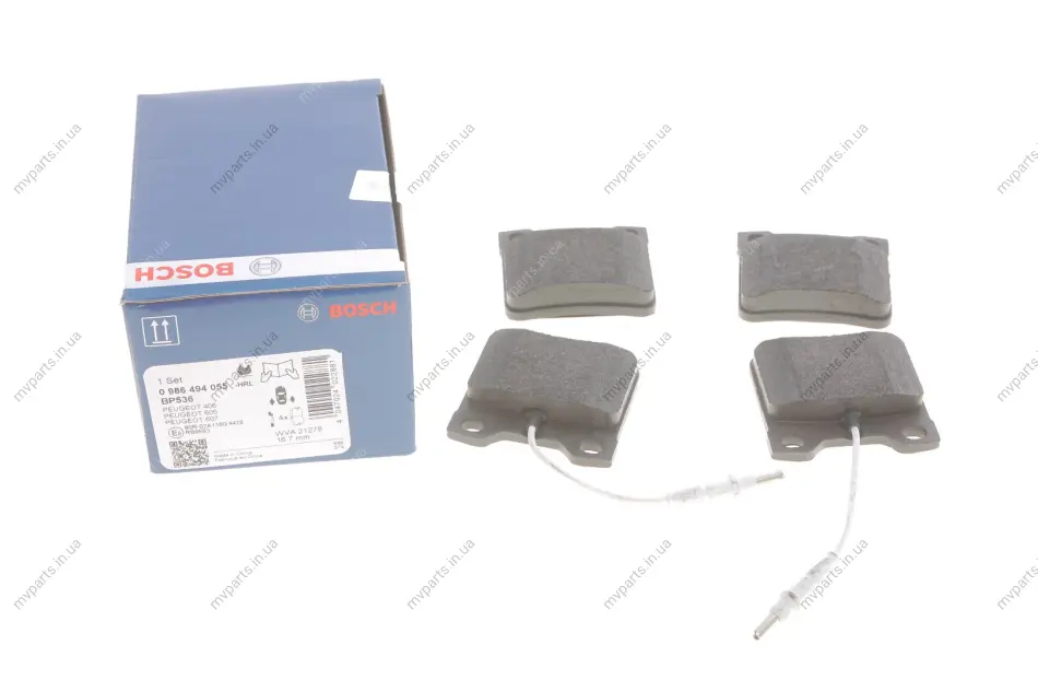 Колодки гальмівні (задні) Peugeot 406 96-04/605 89-11 (+датчики) 0 986 494 055 BOSCH 0-986-494-055 (фото 1)