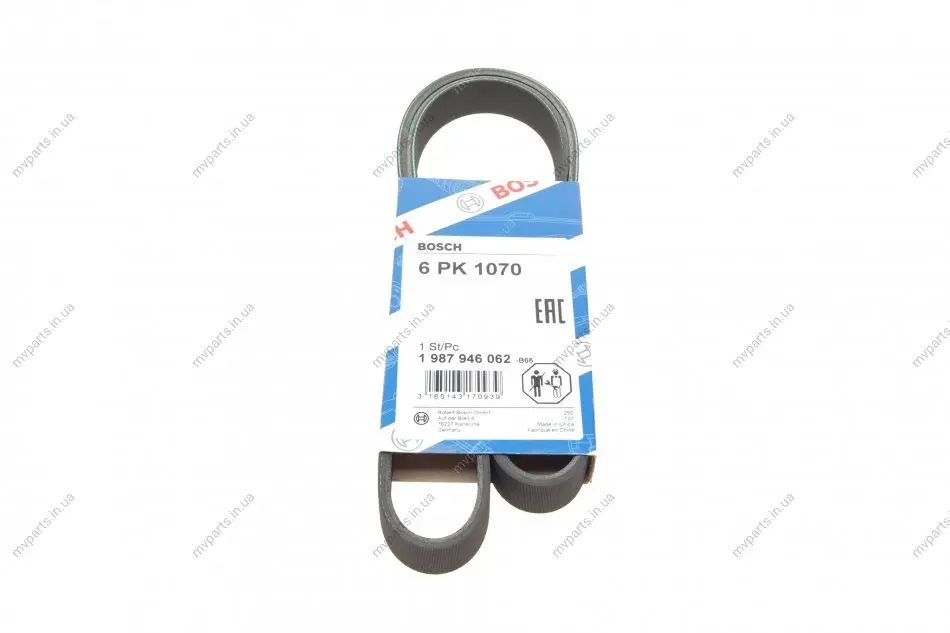 Ремінь генератора поліклиновий VW Caddy 1.6-2.0TDI 15-/Peugeot 2008/306/307/406 1.2-1.6 03- 1 987 946 062 BOSCH 1-987-946-062 (фото 1)