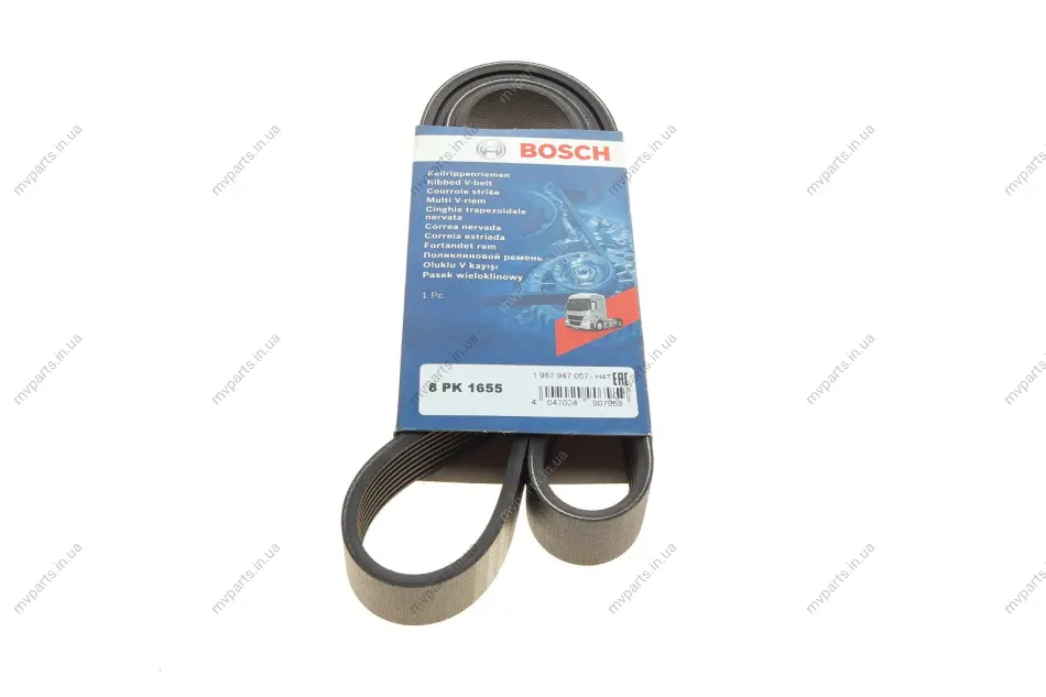 Ремінь генератора Man TGA/TGS/TGX/MB LK/LN2 OM366 84- (8PK1655) 1 987 947 057 BOSCH 1-987-947-057 (фото 1)