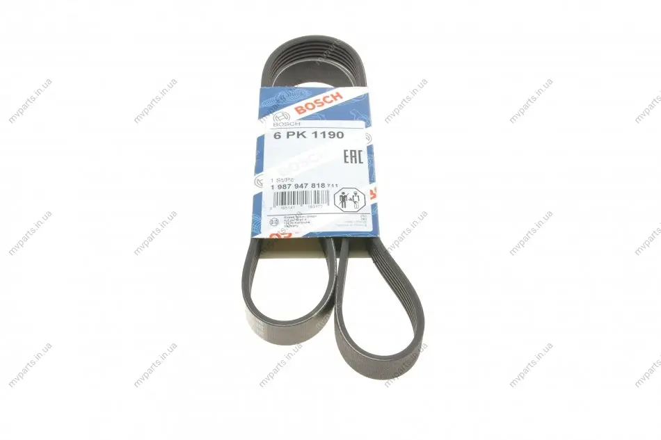 Ремінь генератора Renault Kangoo 1.9D 97-/Mazda 3/6/CX-5 2.2D 12-/Fiat Scudo 2.0 00-06 (6PK1190) 1 987 947 818 BOSCH 1-987-947-818 (фото 1)