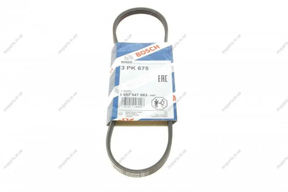 Ремінь генератора Ford Escort/Fiesta 1.8D/Kia Cerato 2.0 90- (3PK675) 1 987 947 883 BOSCH 1-987-947-883 (фото 1)