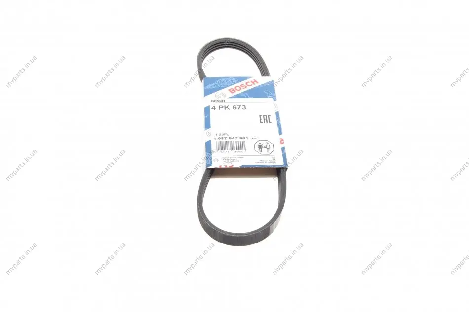 Ремінь генератора Hyundai i10/i20/i30 1.1/1.6CRDi 08-13/Fiat Doblo/Punto/Stilo 1.2/1.4 01- (4PK673) 1 987 947 961 BOSCH 1-987-947-961 (фото 1)