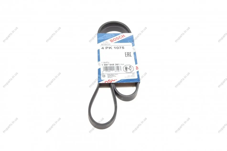 Ремінь генератора Renault Clio 1.2/1.4 90-98/Nissan Micra/Note 1.0-1.4 03-12 (4PK1075) 1 987 948 361 BOSCH 1-987-948-361 (фото 1)