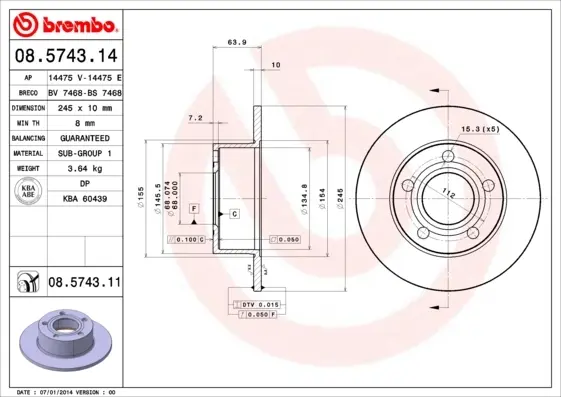 Диск гальмівний AUDI 100, A6, SKODA SUPERB, VW PASSAT задн. (вир-во) BREMBO 08-5743-11 (фото 1)