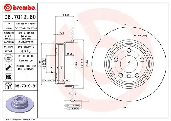 Диск гальмівний задн. (вир-во) BREMBO 08-7019-81 (фото 1)