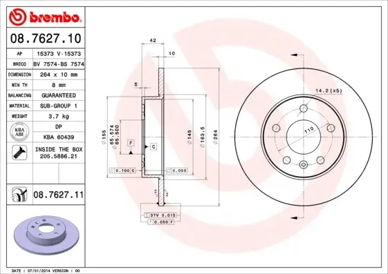 Диск гальмівний OPEL ASTRA H задн. (вир-во) BREMBO 08-7627-11 (фото 1)