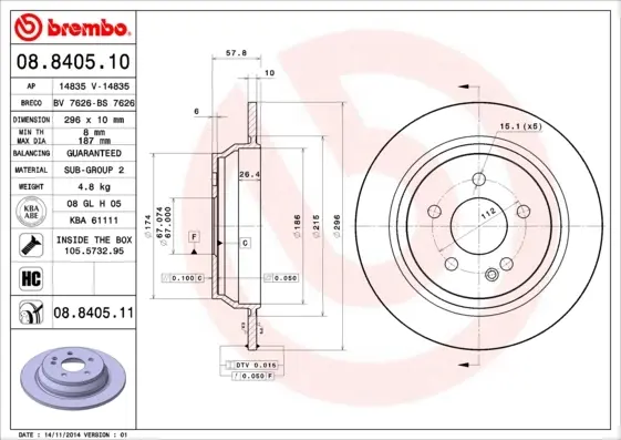 Диск гальмівний MB VIANO(W639) 09/03- VITO BUS(W639) 09/03- задн. (вир-во) BREMBO 08-8405-10 (фото 1)