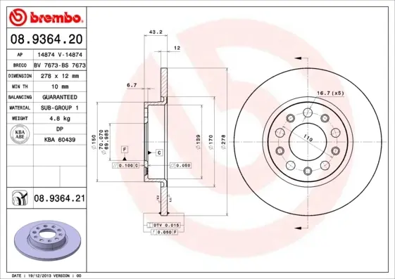 Диск гальмівний задн. (вир-во) BREMBO 08-9364-21 (фото 1)