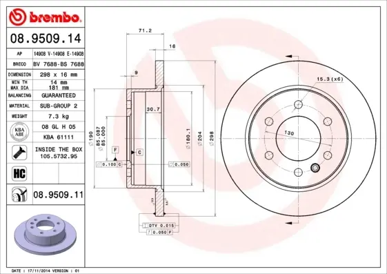 Диск гальмівний MB SPRINTER задн. (вир-во) BREMBO 08-9509-11 (фото 1)
