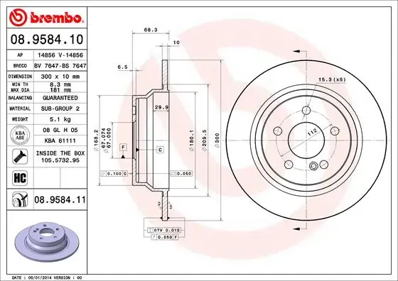 Диск гальмівний MB CLASSE E (W211) E200 E320 2002 - задн. (вир-во) BREMBO 08-9584-11 (фото 1)