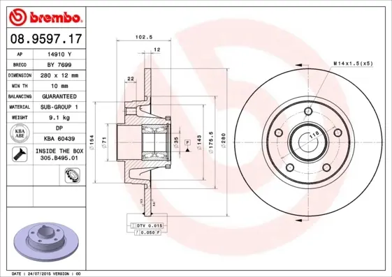 Диск гальмівний задн. (вир-во) BREMBO 08-9597-17 (фото 1)