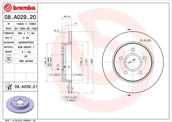 Диск гальмівний FORD C-MAX, FOCUS задн. (вир-во) BREMBO 08-A029-21 (фото 1)