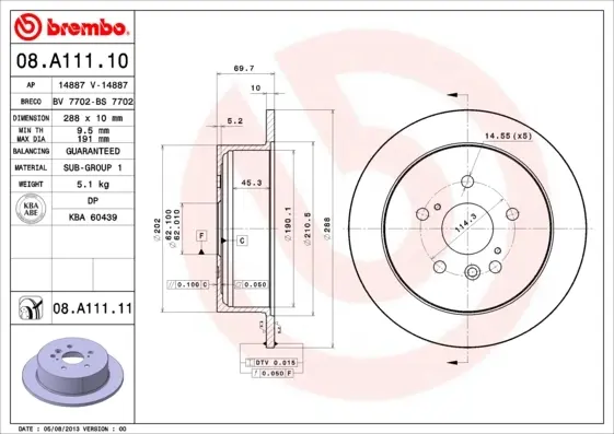 Диск гальмівний LEXU RX 350 03 - задн. (вир-во) BREMBO 08-A111-11 (фото 1)