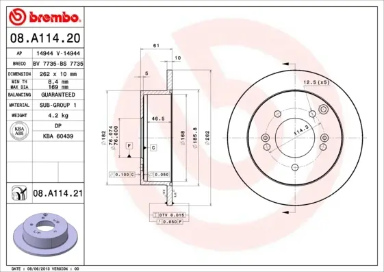 Диск гальмівний HYUNDAI SONATA V, TUCSON задн. (вир-во) BREMBO 08-A114-20 (фото 1)