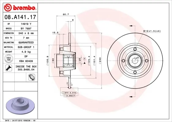 Диск гальмівний задн. (вир-во) BREMBO 08-A141-17 (фото 1)