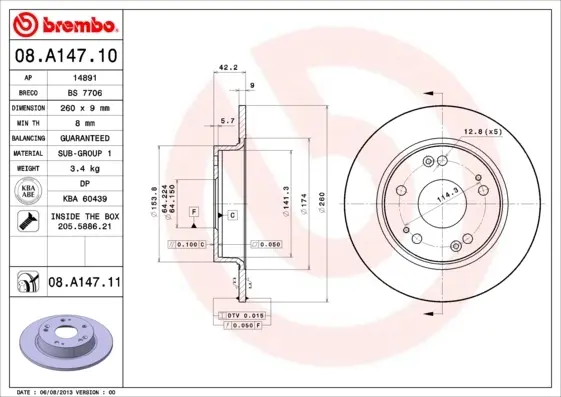 Диск гальмівний HONDA CIVIC VII 1.3-2.2 06- задн. (вир-во) BREMBO 08-A147-10 (фото 1)