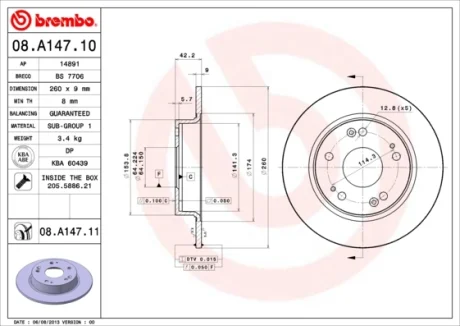 Диск гальмівний HONDA CIVIC VII 1.3-2.2 06- задн. (вир-во) BREMBO 08-A147-10
