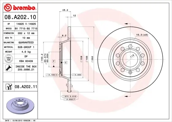 Диск гальмівний SKODA SUPERB, YETI, VW GOLF V, PASSAT задн. (вир-во) BREMBO 08-A202-11 (фото 1)