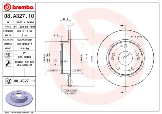 Диск гальмівний HONDA ACCORD задн. (вир-во) BREMBO 08-A327-11 (фото 1)