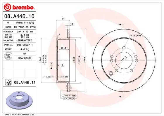 Диск гальмівний HYUNDAI SANTA FE TUCSON 01 - задн. (вир-во) BREMBO 08-A446-10 (фото 1)