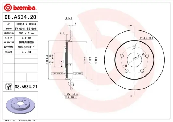 Диск гальмівний TOYOTA AURIS 1.4-1.6 07- задн. (вир-во) BREMBO 08-A534-21 (фото 1)
