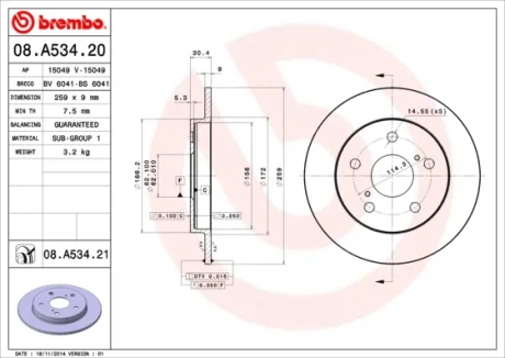 Диск гальмівний TOYOTA AURIS 1.4-1.6 07- задн. (вир-во) BREMBO 08-A534-21