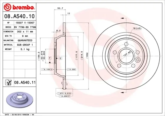 Диск гальмівний FORD FOCUS, KUGA, MONDEO IV задн. (вир-во) BREMBO 08-A540-11 (фото 1)