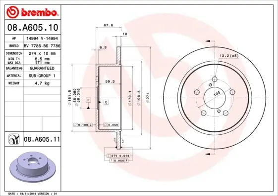 Диск гальмівний SUBARU LEGACY IV (08/03-09/09) задн. (вир-во) BREMBO 08-A605-11 (фото 1)