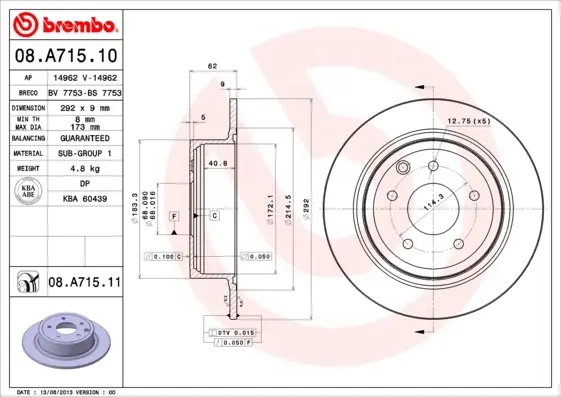 Диск гальмівний NISSAN JUKE, QASHQAI 1.5DCI 16V 08.07-,10.06- задн. (вир-во) BREMBO 08-A715-10 (фото 1)
