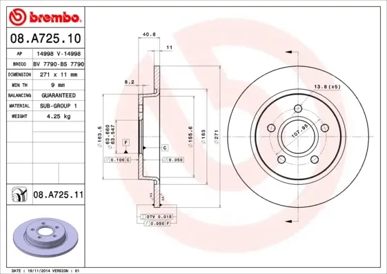 Диск гальмівний FORD FOCUS III 1.6 2.0 2011 - задн. (вир-во) BREMBO 08-A725-10 (фото 1)