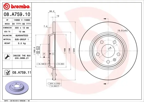 Диск гальмівний задн. (вир-во) BREMBO 08-A759-11 (фото 1)