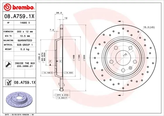 Диск гальмівний задн. (вир-во) BREMBO 08-A759-1X (фото 1)