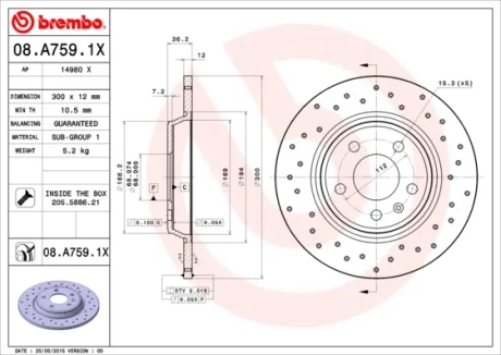 Диск гальмівний задн. (вир-во) BREMBO 08-A759-1X