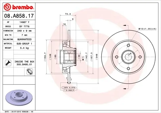 Диск гальмівний задн. (вир-во) BREMBO 08-A858-17 (фото 1)