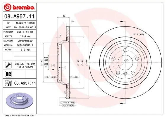Диск гальмівний MERCEDES M-CLASS (W166) задн. (вир-во) BREMBO 08-A957-11 (фото 1)