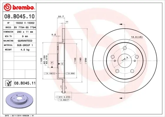 Диск гальмівний TOYOTA AVENSIS 09 - задн. (вир-во) BREMBO 08-B045-10 (фото 1)