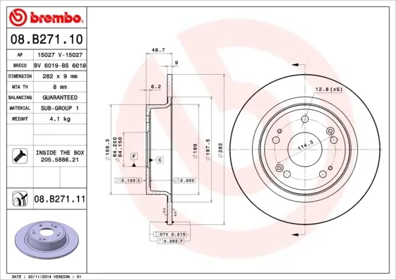 Диск гальмівний задн. (вир-во) BREMBO 08-B271-11 (фото 1)