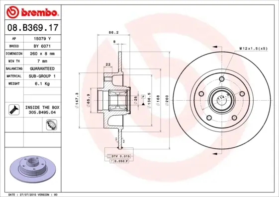 Диск гальмівний задн. (вир-во) BREMBO 08-B369-17 (фото 1)