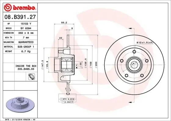 Диск гальмівний задн. (вир-во) BREMBO 08-B391-27 (фото 1)