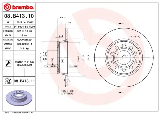 Диск гальмівний SKODA OCTAVIA 08-, SUPERB 08-; VW CADDY 2010-; SEAT LEON 05- задн. (вир-во) BREMBO 08-B413-11 (фото 1)