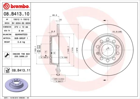 Диск гальмівний SKODA OCTAVIA 08-, SUPERB 08-; VW CADDY 2010-; SEAT LEON 05- задн. (вир-во) BREMBO 08-B413-11