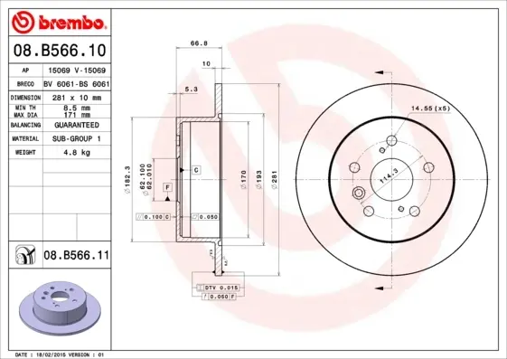 Диск гальмівний TOYOTA CAMRY 2006 - задн. (вир-во) BREMBO 08-B566-11 (фото 1)