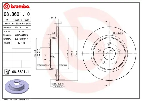 Диск гальмівний FORD C-MAX II 1.6 2.0 2010 - задн. (вир-во) BREMBO 08-B601-10 (фото 1)