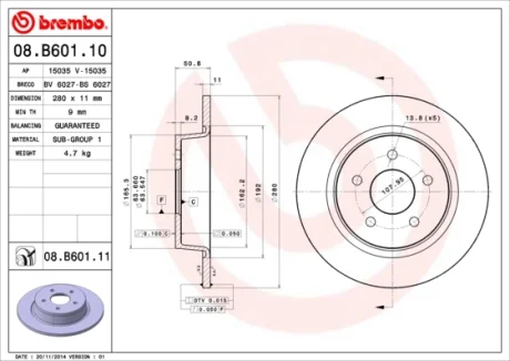 Диск гальмівний FORD C-MAX II 1.6 2.0 2010 - задн. (вир-во) BREMBO 08-B601-10