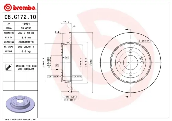 Диск гальмівний HYUNDA ACCENT IV, KIA RIO III задн. (вир-во) BREMBO 08-C172-10 (фото 1)